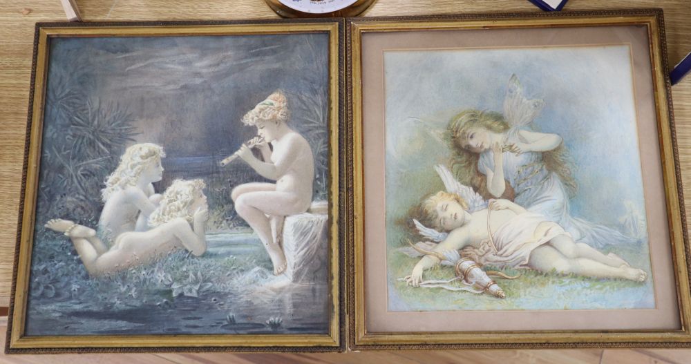 English School c.1900, two watercolours, Child fairies as Venus and Cupid and Children playing pan pipes, 27 x 25cm and 31 x 29cm